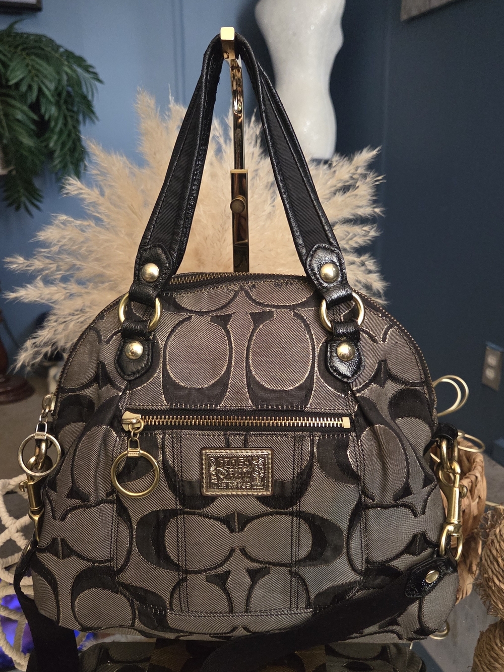 Coach Poppy Glam Signature Gray Black Jacquard Satchel Crossbody Bag F19709